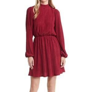 Floret Studios Women's Red Pleated Long Sleeve Mini Dress M NWOT